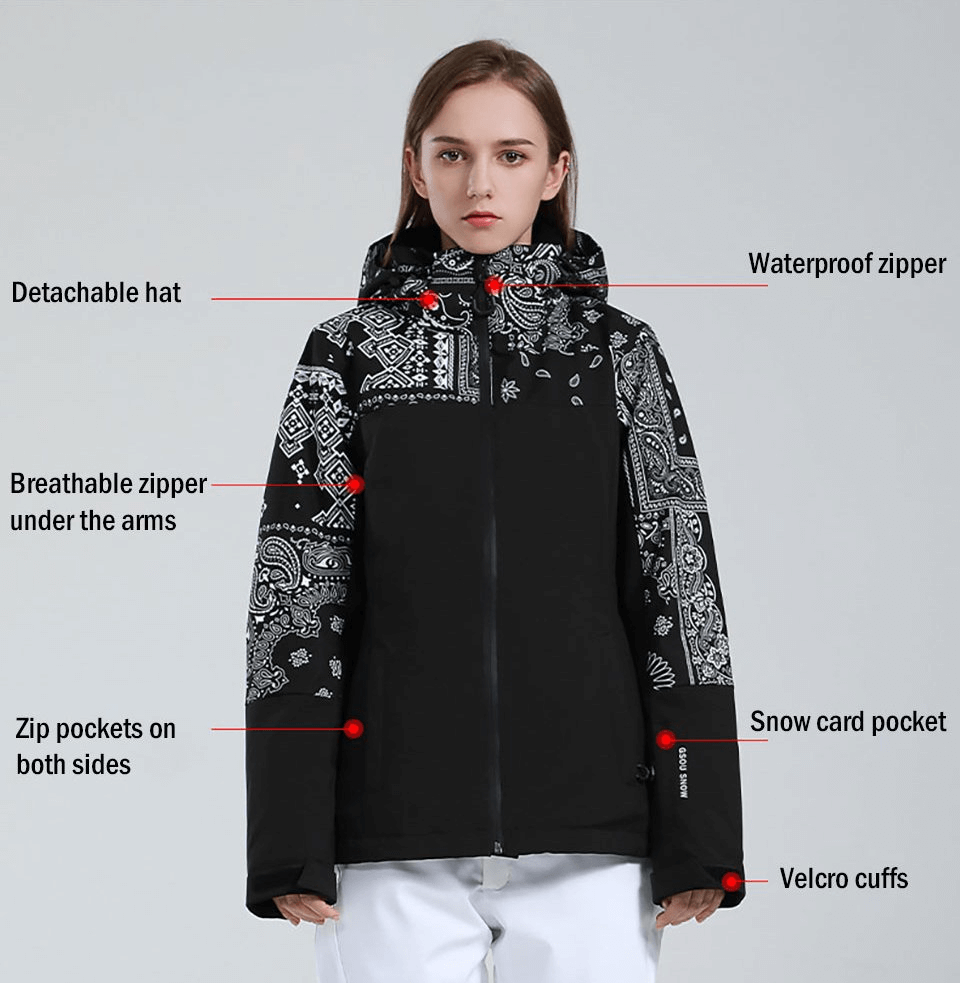 Woman wearing windproof waterproof ski jacket with hood, showcasing detachable hat, waterproof zippers, and snow card pocket.